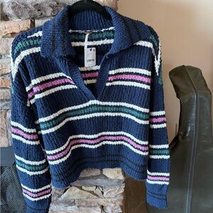Free People Navy V-Neck Sweater with Multicolor Stripes